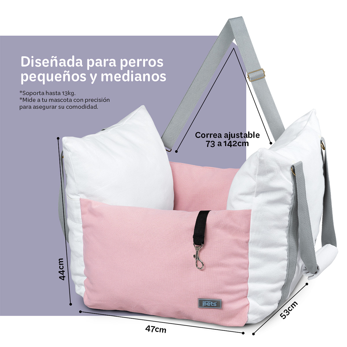 Asiento de Coche para Perro, Pequeño/ Mediano, Transportadora para Automóvil, Asiento de Seguridad Cama de Viaje para Mascotas 1plaza – Blanco / Rosa ESQUIMAL