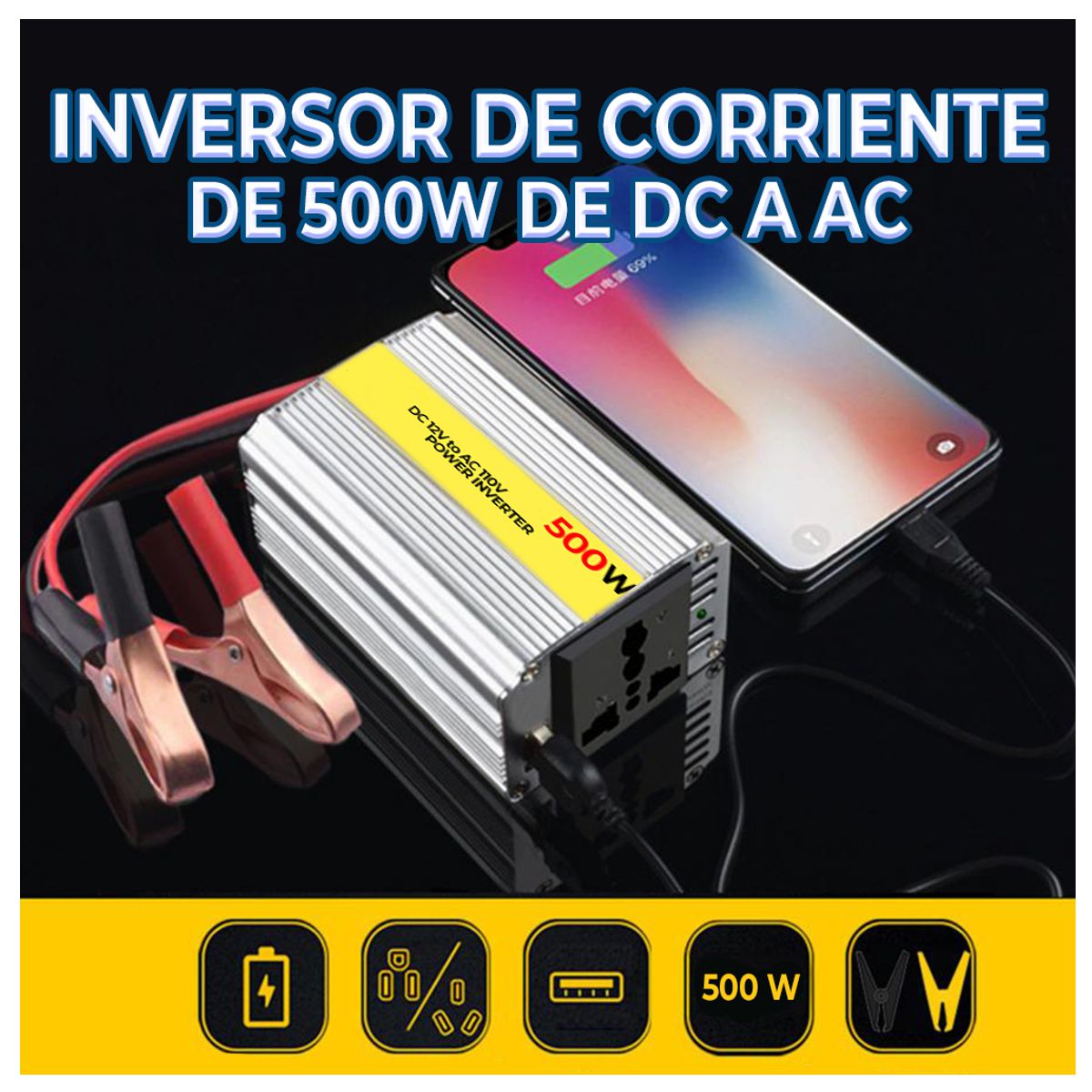Inversor De Corriente Automotriz de 12v a 110V 500W Amplia Compatibilidad