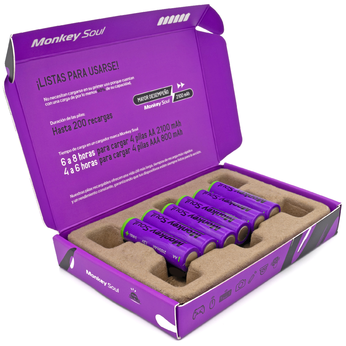 Pilas Baterías AA Recargables Monkey Soul 6 piezas 2100 mAh