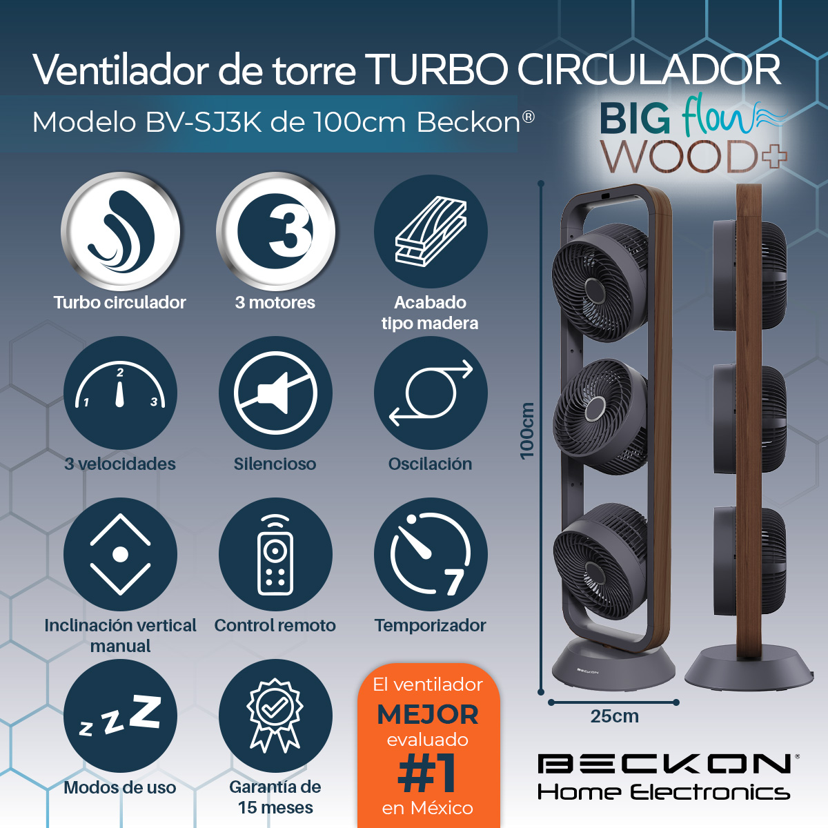 Ventilador de torre Turbo circulador 100cm de alto BECKON con 3 motores BIG FLOW acabado tipo madera +control remoto +oscilación +temporizador +modos de uso