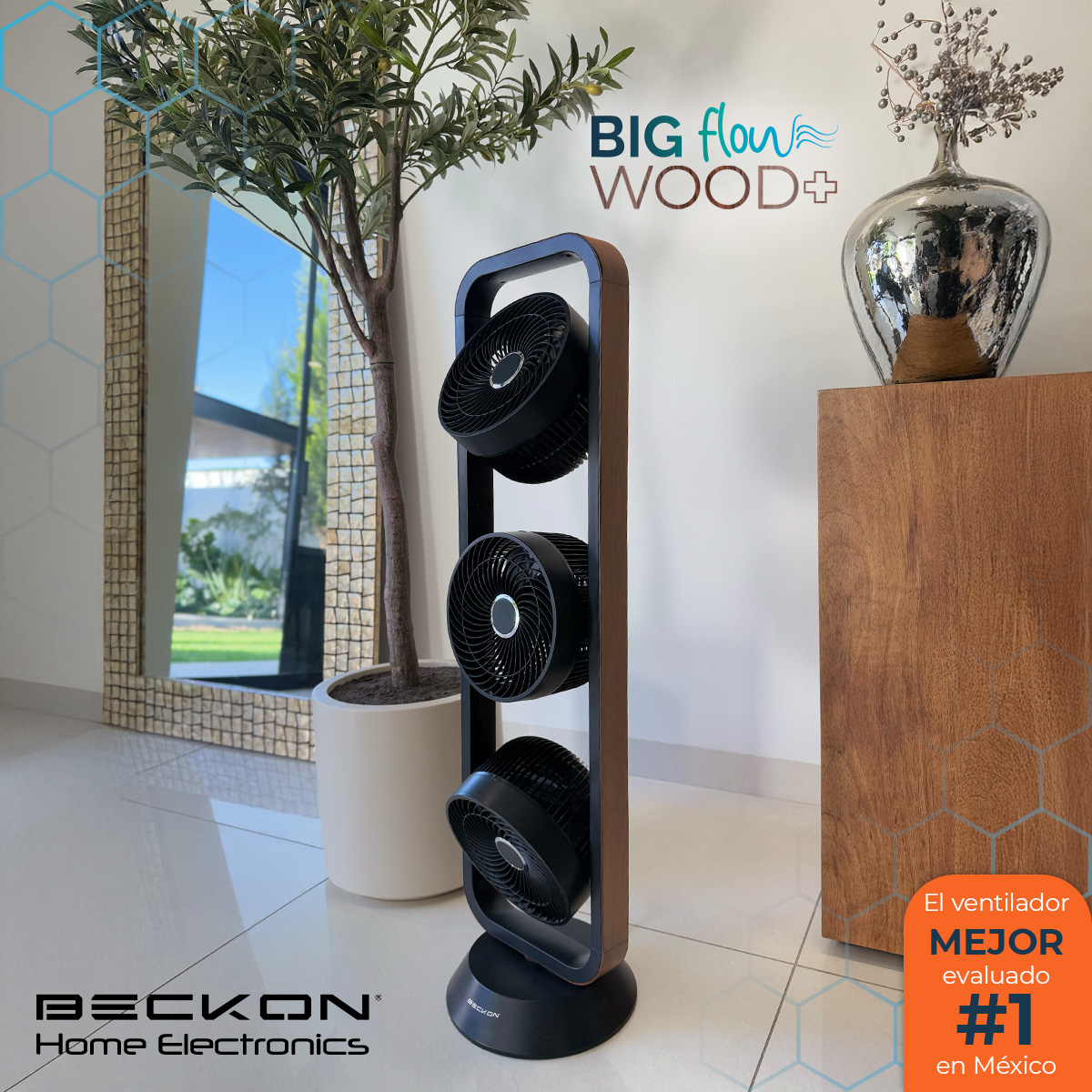 Ventilador de torre Turbo circulador 100cm de alto BECKON con 3 motores BIG FLOW acabado tipo madera +control remoto +oscilación +temporizador +modos de uso