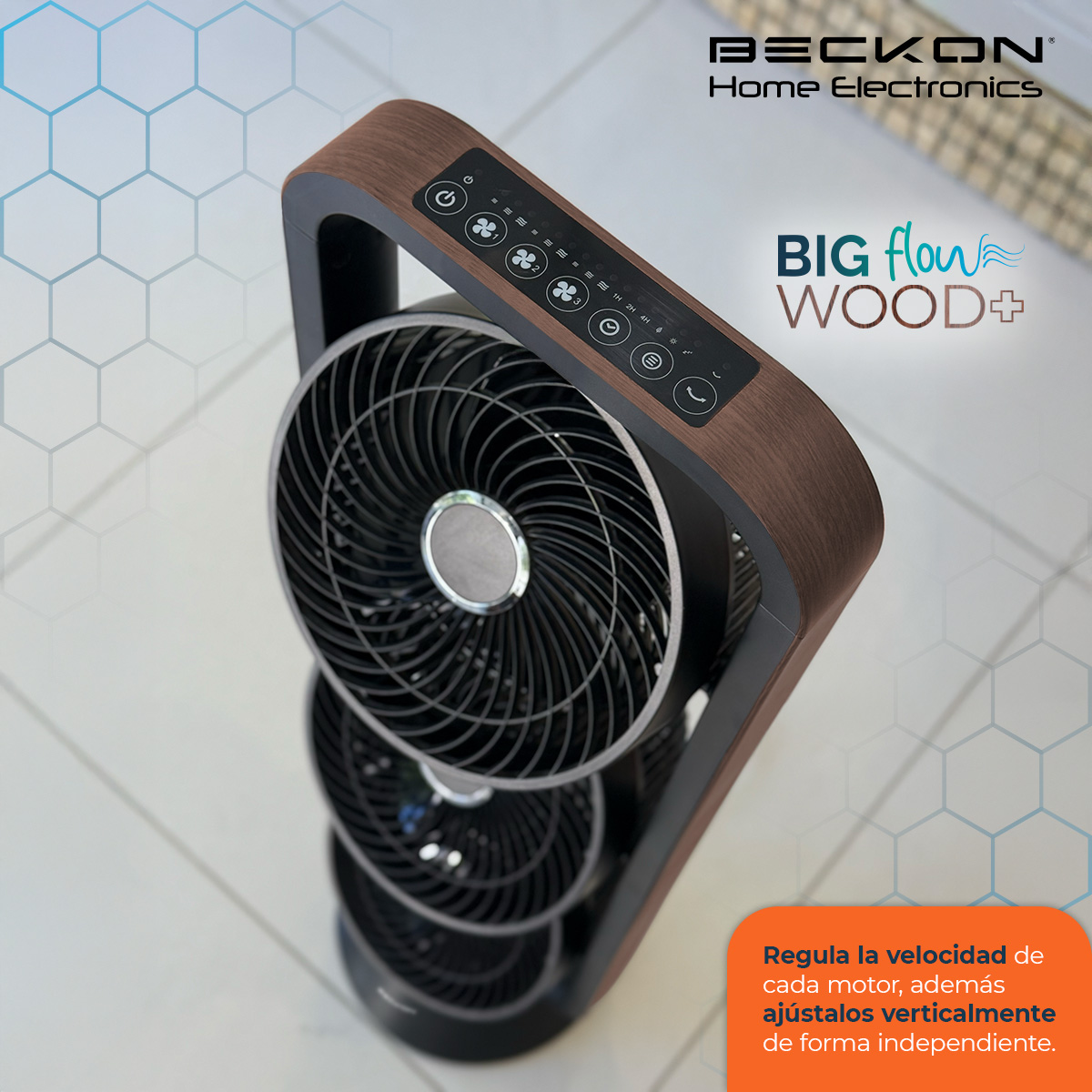 Ventilador de torre Turbo circulador 100cm de alto BECKON con 3 motores BIG FLOW acabado tipo madera +control remoto +oscilación +temporizador +modos de uso