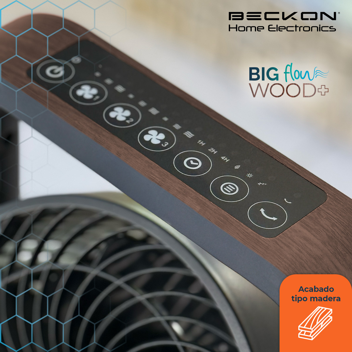Ventilador de torre Turbo circulador 100cm de alto BECKON con 3 motores BIG FLOW acabado tipo madera +control remoto +oscilación +temporizador +modos de uso