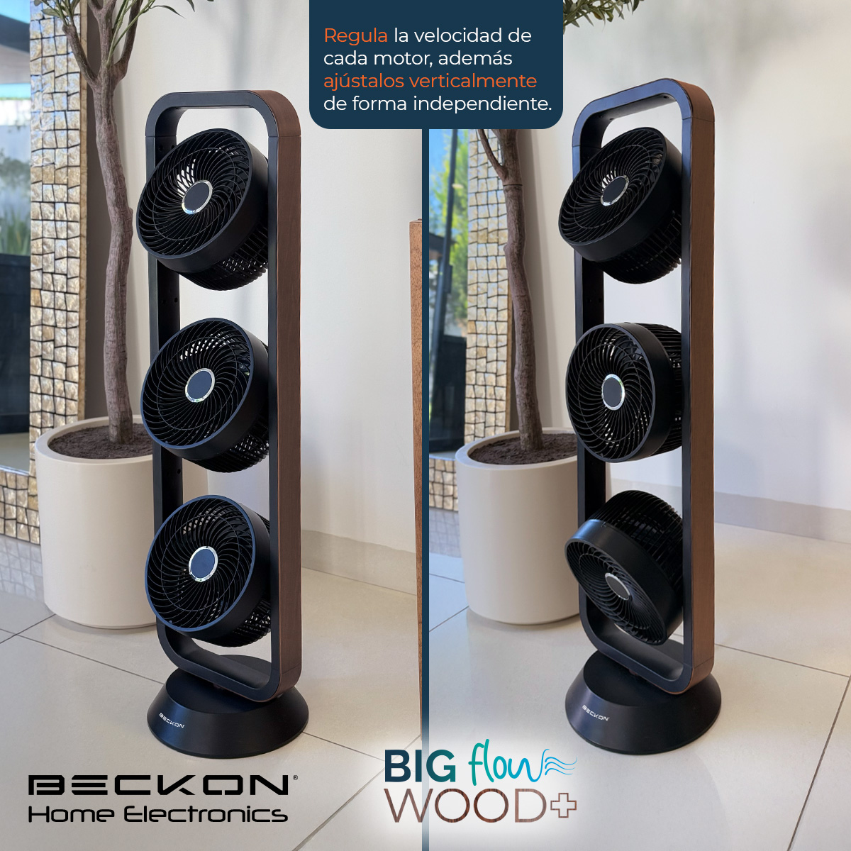 Ventilador de torre Turbo circulador 100cm de alto BECKON con 3 motores BIG FLOW acabado tipo madera +control remoto +oscilación +temporizador +modos de uso