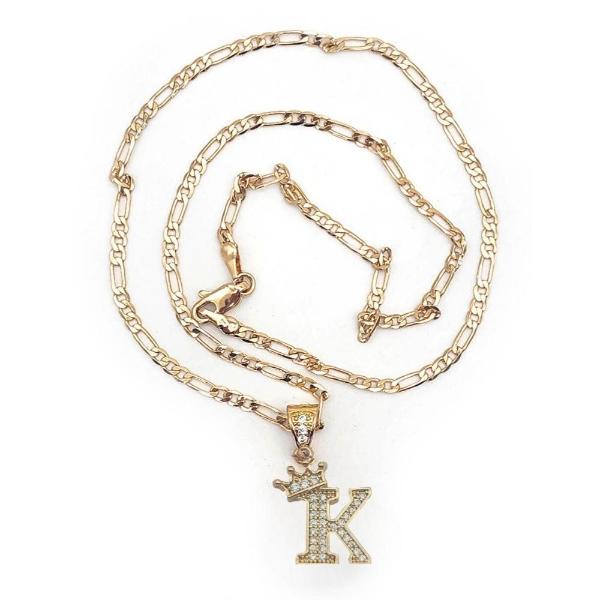 Cadena y dije de brillos con corona de oro laminado letra "K"
