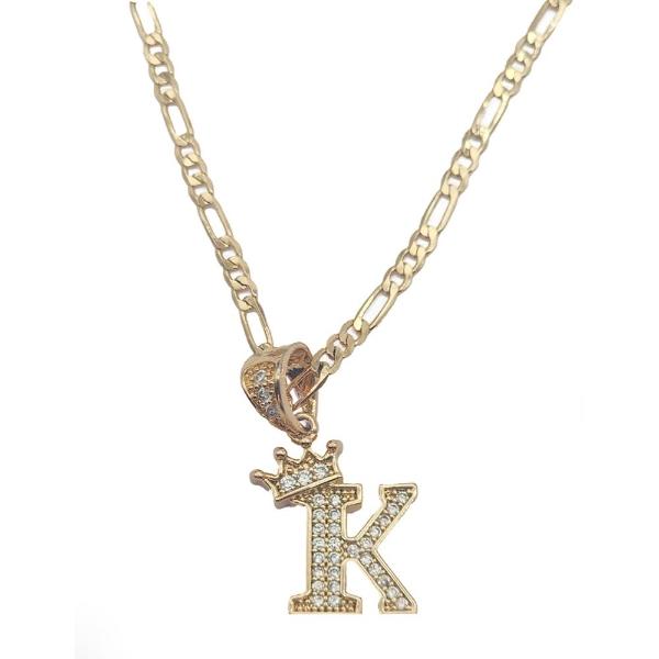 Cadena y dije de brillos con corona de oro laminado letra "K"