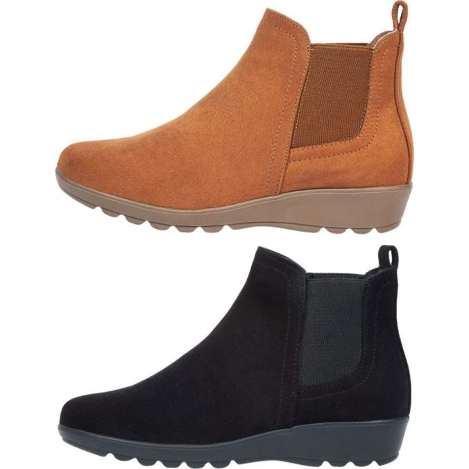 Kit de 2 pares de botas para mujer, tipo botín confort, con resorte, acabado ante, marca Vi Line, colores negro y café, mod. 1182068
