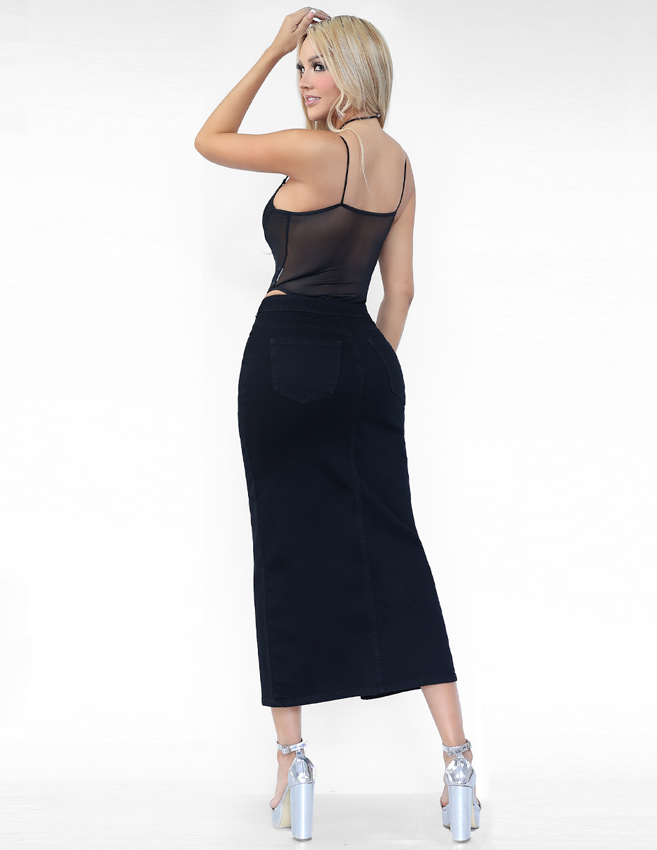 Falda larga mezclilla color negro corte cintura alta, efecto push up