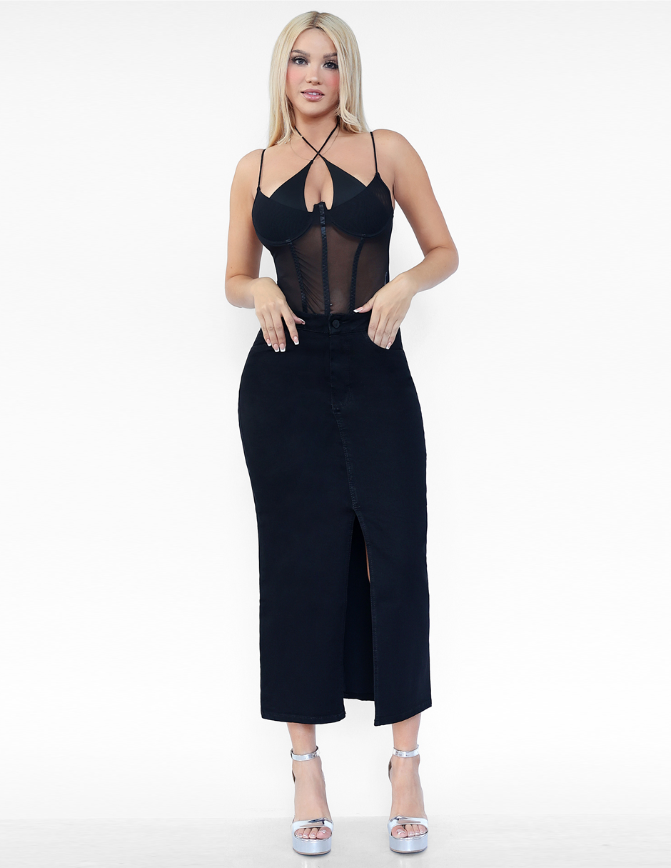 Falda larga mezclilla color negro corte cintura alta, efecto push up
