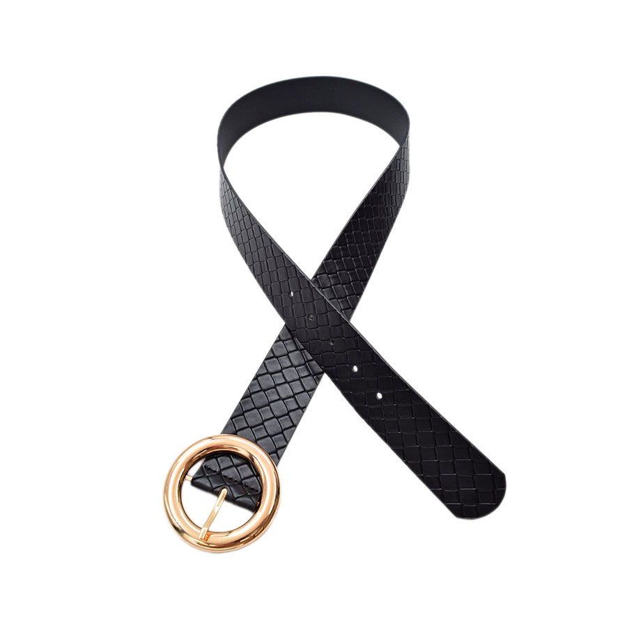 Cinturón Negro Texturizado Hebilla Circular Dorada   