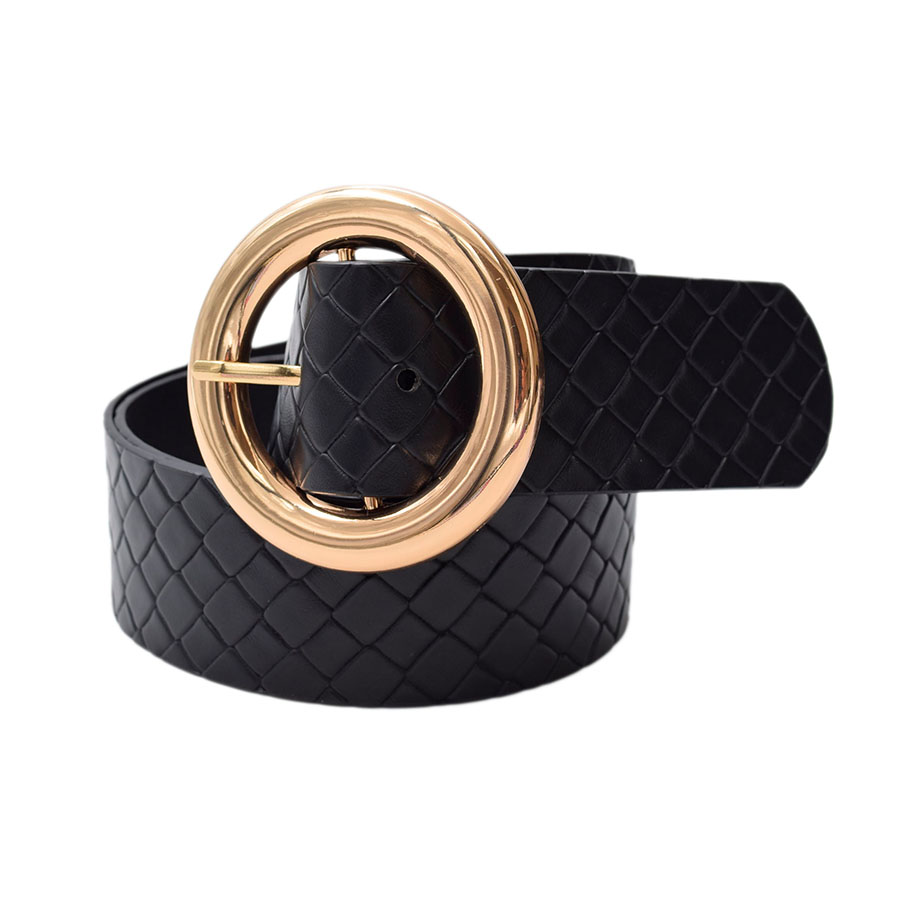 Cinturón Negro Texturizado Hebilla Circular Dorada   