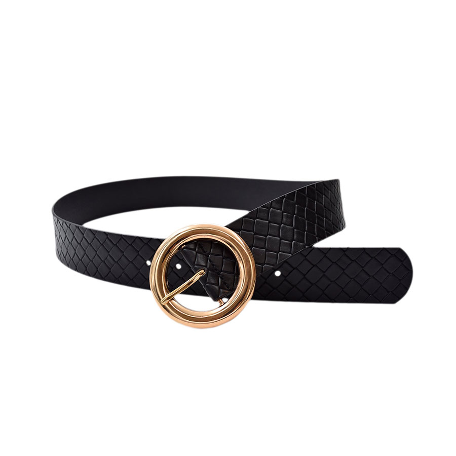 Cinturón Negro Texturizado Hebilla Circular Dorada   