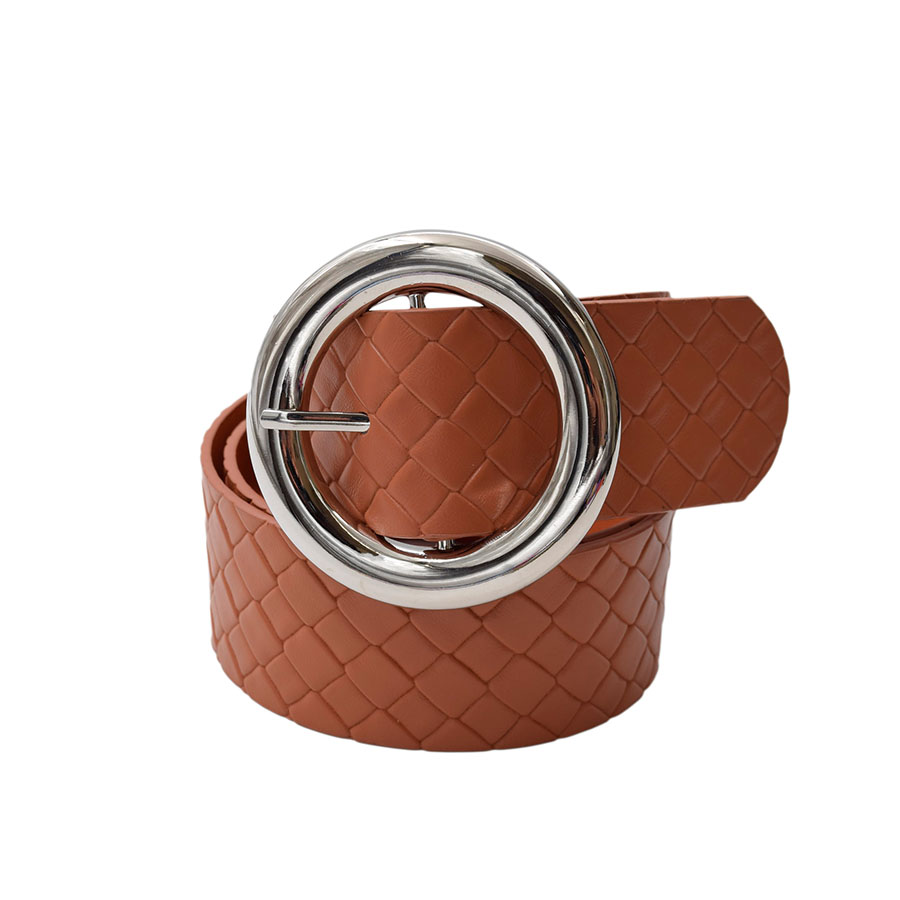 Cinturón  Café Texturizado Hebilla Circular Plata  