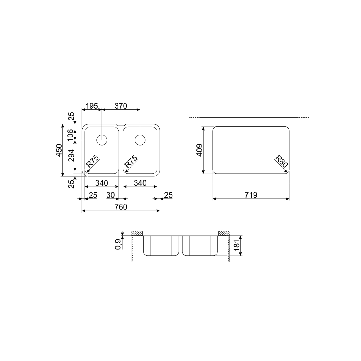 Tarja Doble Submontar Smeg UM4040 Acero Inox Cepillado