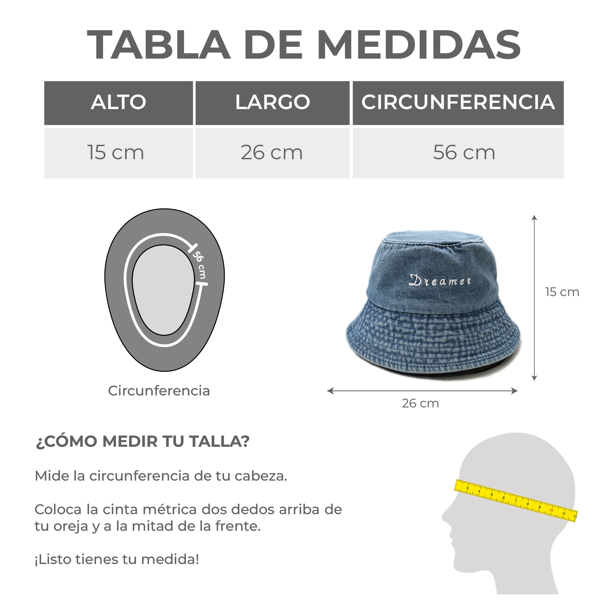 Sombrero Bucket Ajustable Apariencia  Mezclilla Detalle de Letras Bordadas