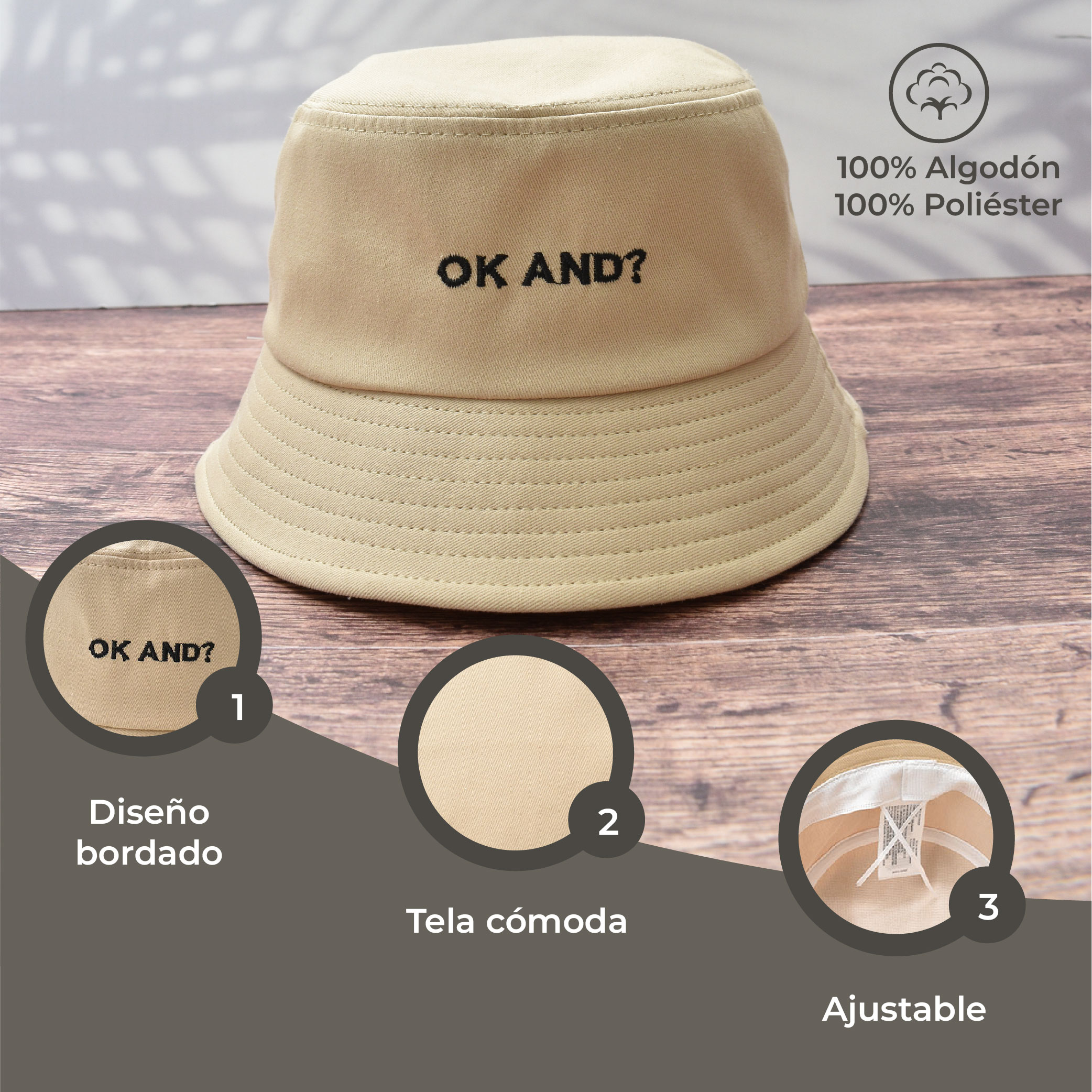 Sombrero Bucket Ajustable Caqui Detalle de Letras Bordadas 