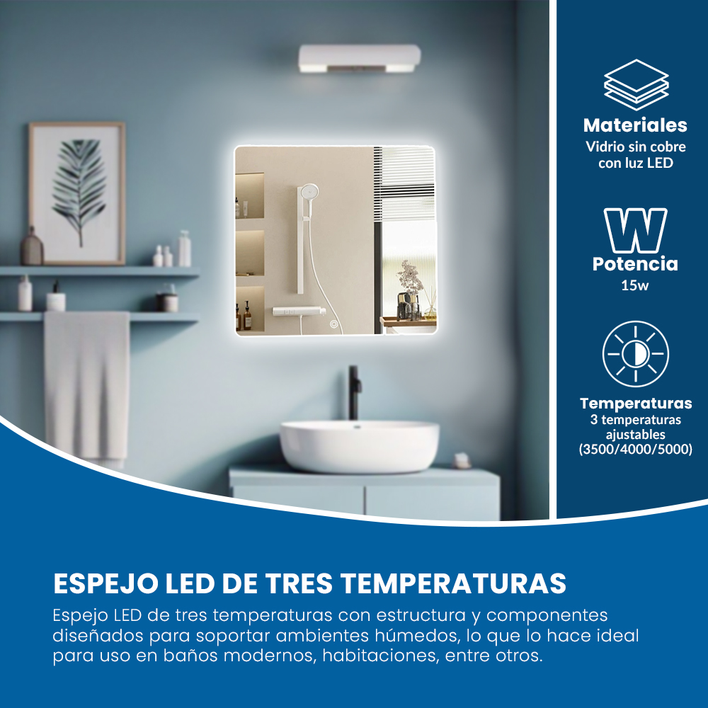 ESPEJO LED CUADRADO MIL LUCES 3 TEMPERATURAS DE LUZ 