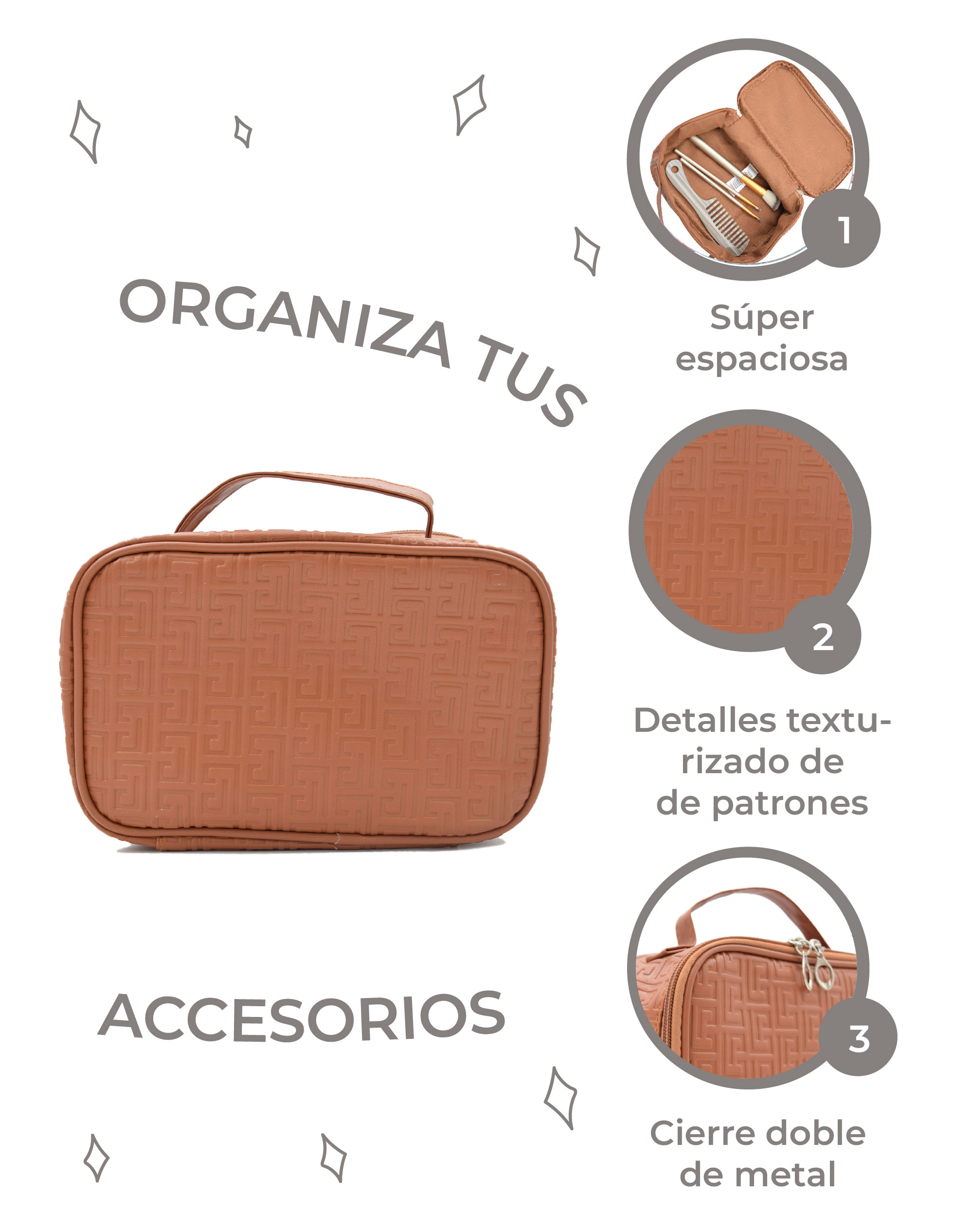 Cosmetiquera Cuadrada Color Naranja Detalle de Patrones 