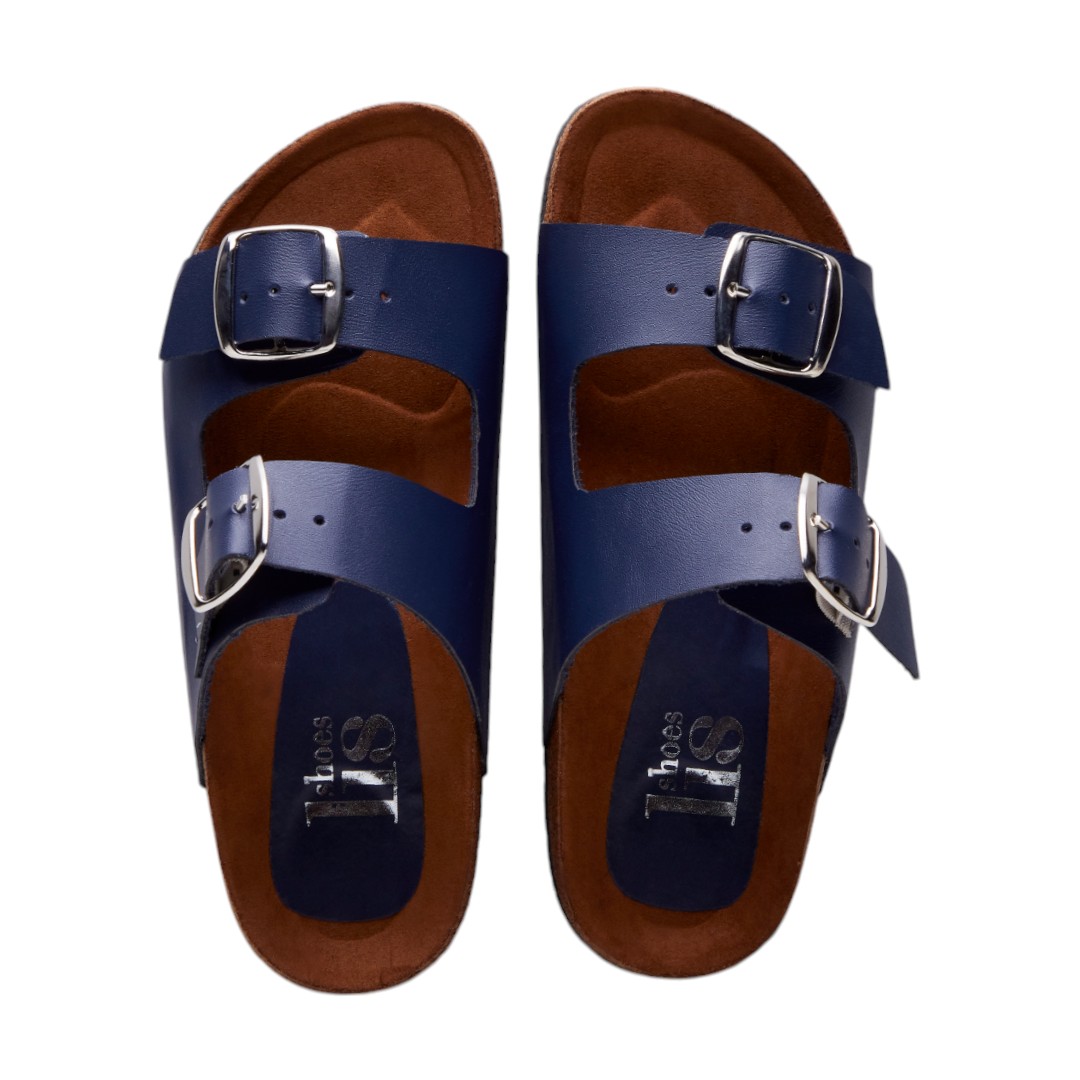 Sandalias Azul Marino Casuales Con Doble Hebilla Para Mujer Suela de Corcho Calzado Watanabe