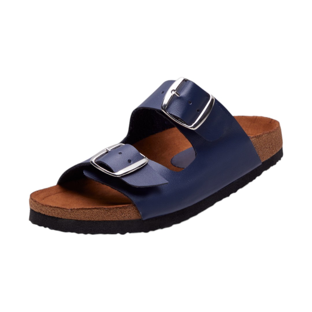 Sandalias Azul Marino Casuales Con Doble Hebilla Para Mujer Suela de Corcho Calzado Watanabe