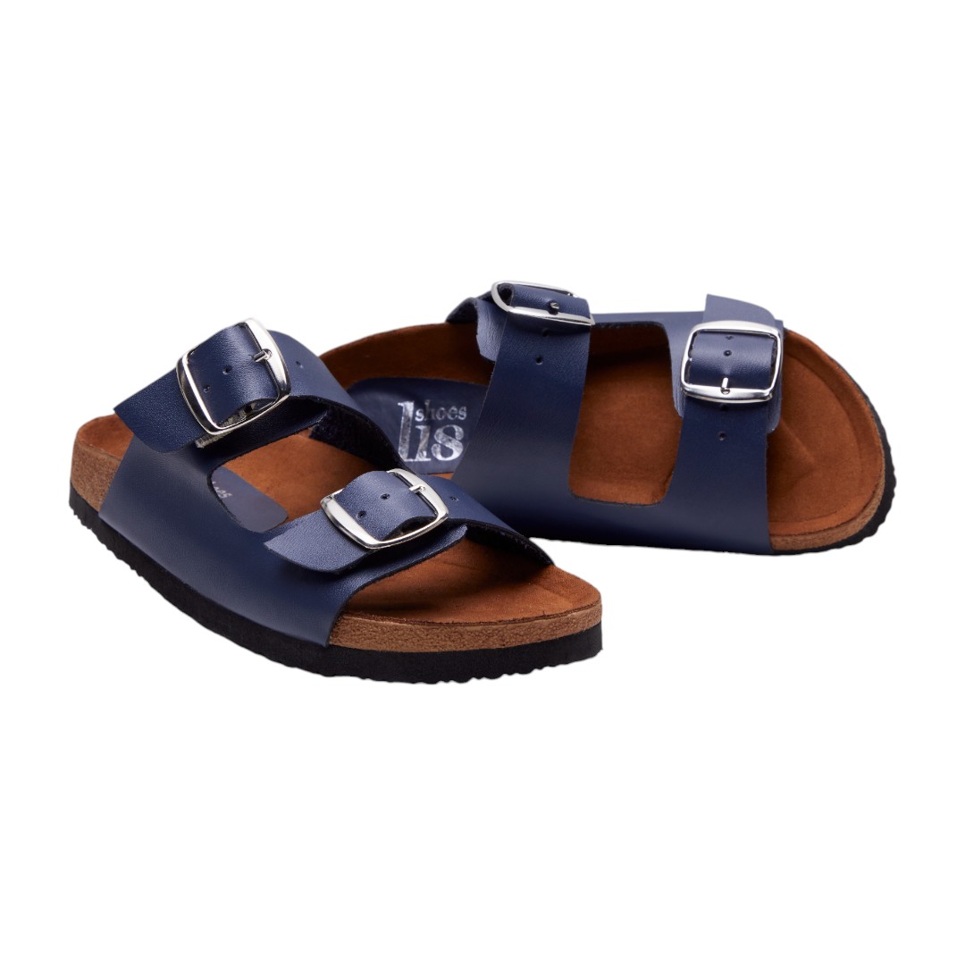 Sandalias Azul Marino Casuales Con Doble Hebilla Para Mujer Suela de Corcho Calzado Watanabe