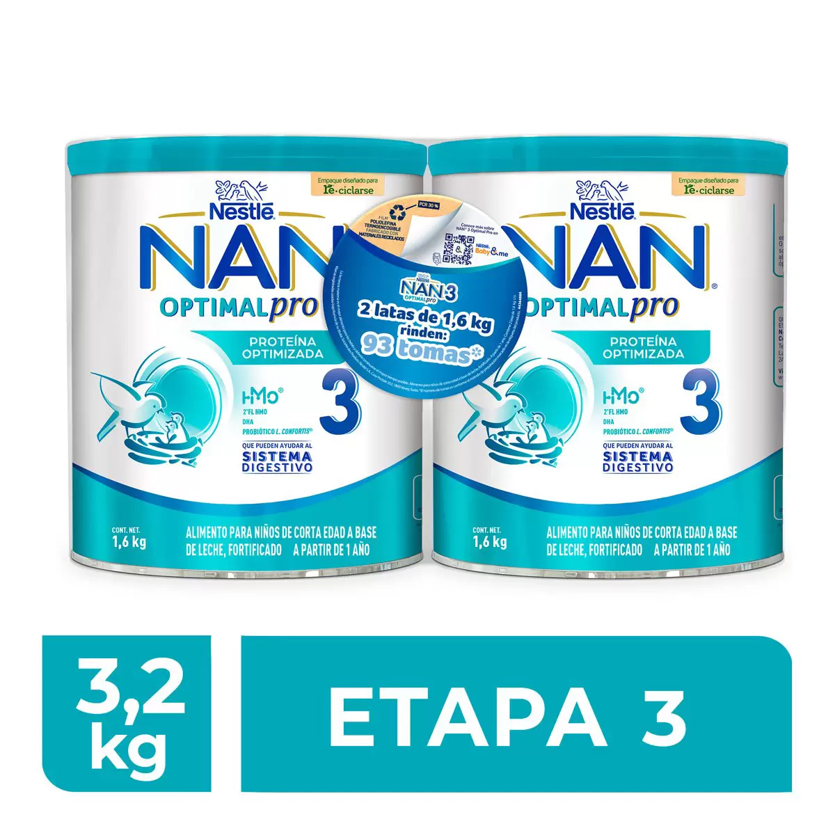 Fórmula Infantil Nan Optimal Pro Etapa 3, 1.6kg 2pz