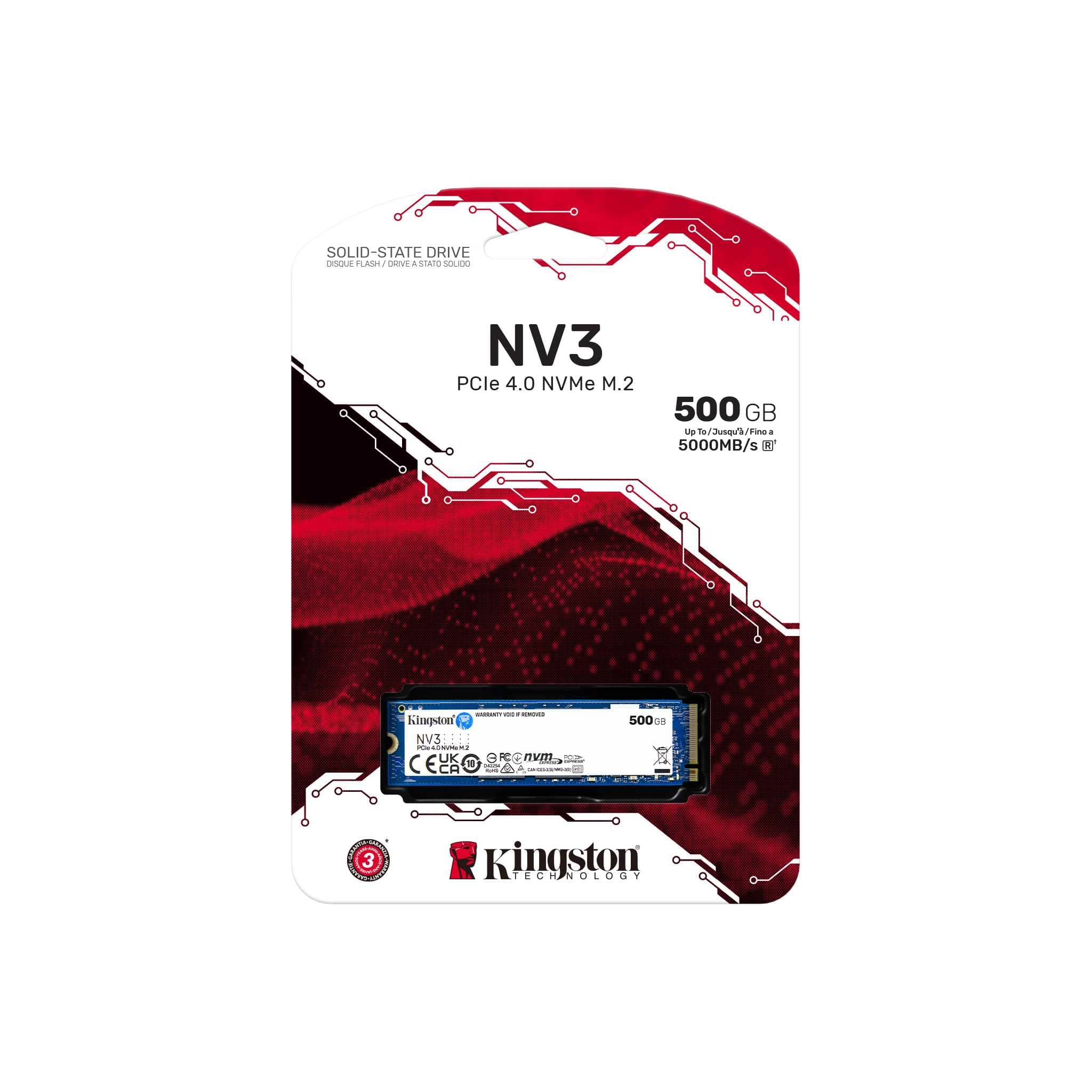 Unidad de Estado Sólido Kingston NV3 de 500 GB, M2 2280, NVMe PCIe Gen 4X4, 5000/3000 MB/s