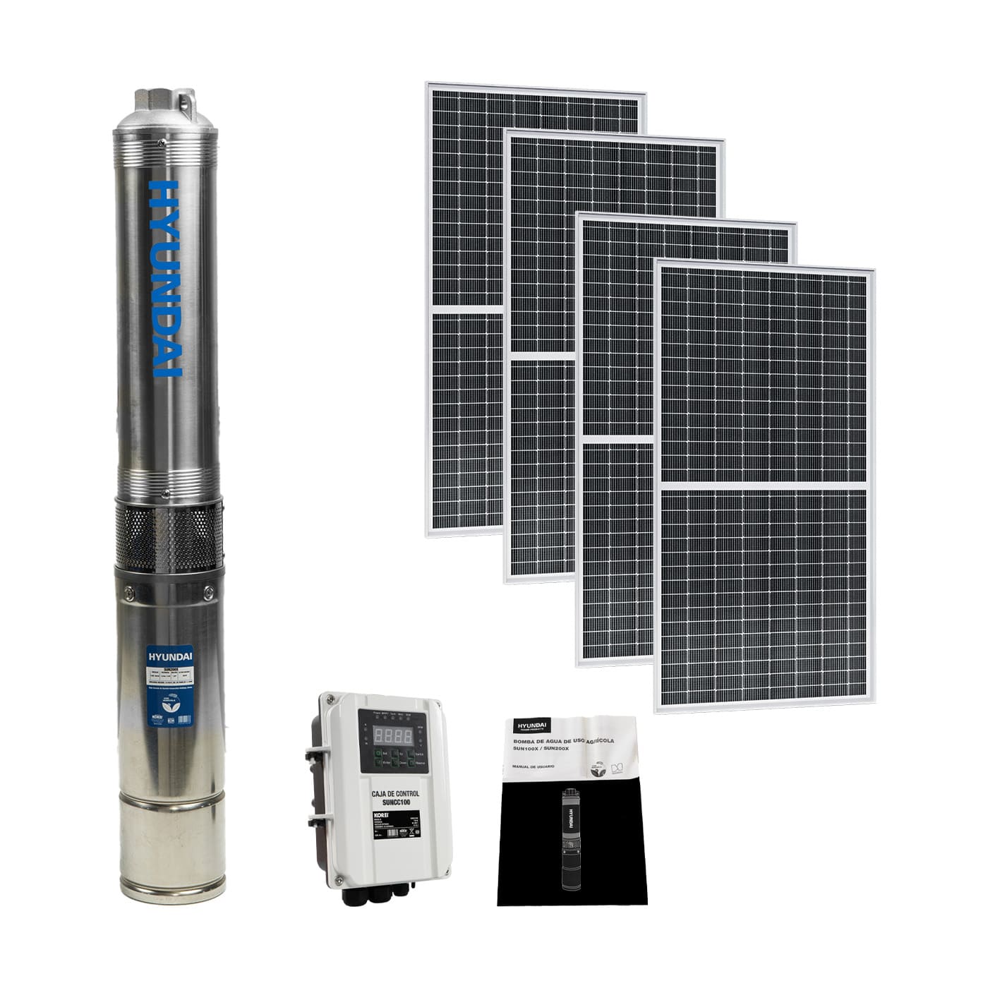 Bomba De Agua Solar Uso Agrícola Profesional Hyundai 2 Hp Con 4 Paneles Solares Y Caja De Control - SUN200X