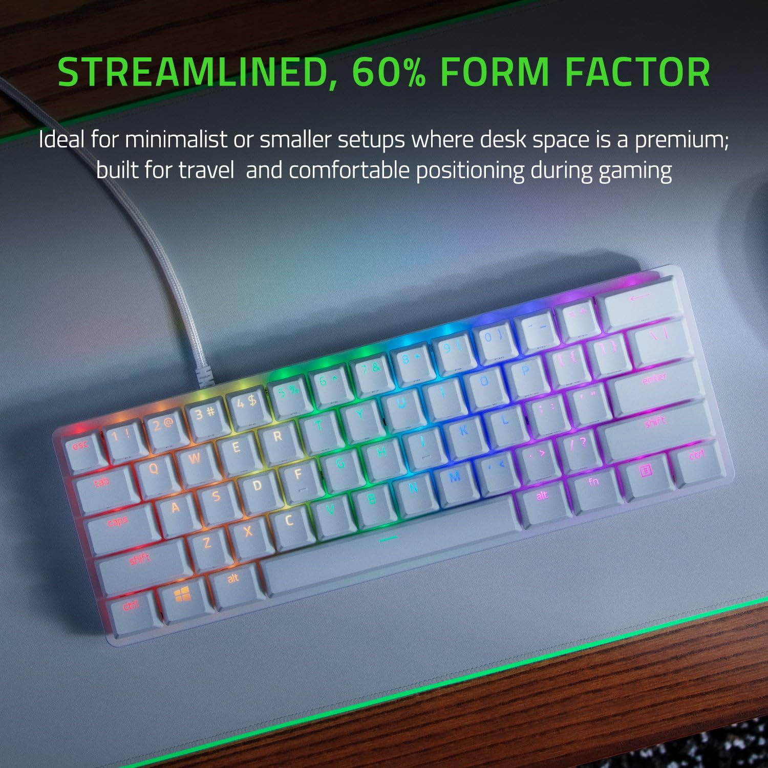 Teclado Mecanico Mini Blanco al 60% ,Chroma RGB para Pc Gamer Razer Huntsman Edición Especial - 62 Teclas, Alámbrico, QWERTY, Aluminio, con Cable Tipo C Desmontable,(Reacondicionado)