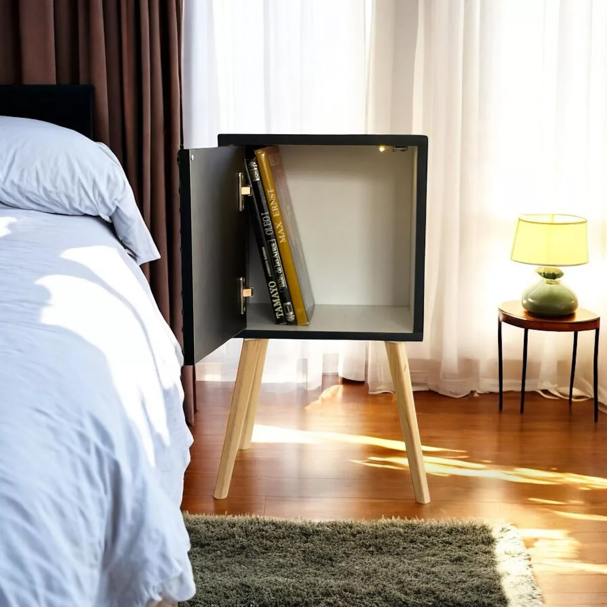 Buro Negro Mesa Noche Luz Led Mdf Recámara Organizador
