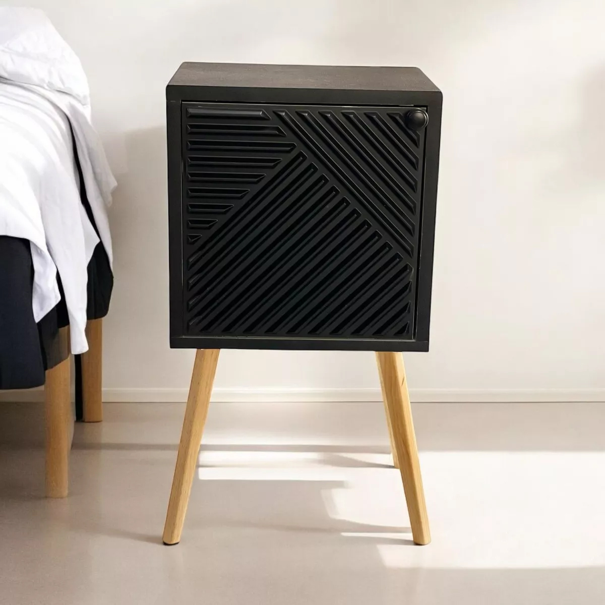 Buro Negro Mesa Noche Luz Led Mdf Recámara Organizador