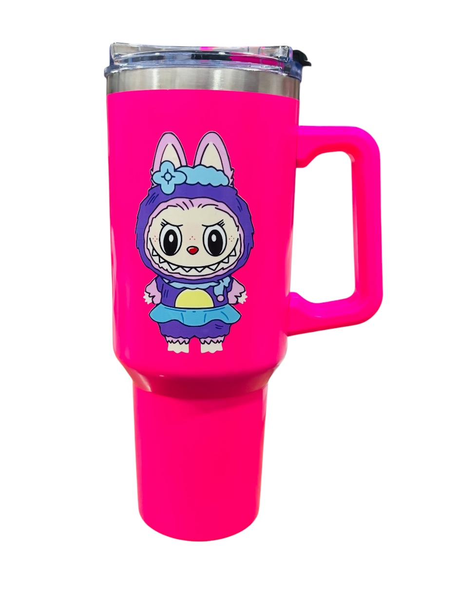 Termo de acero inoxidable Marca Macarena Brand color fucsia Labubu de 40 Oz