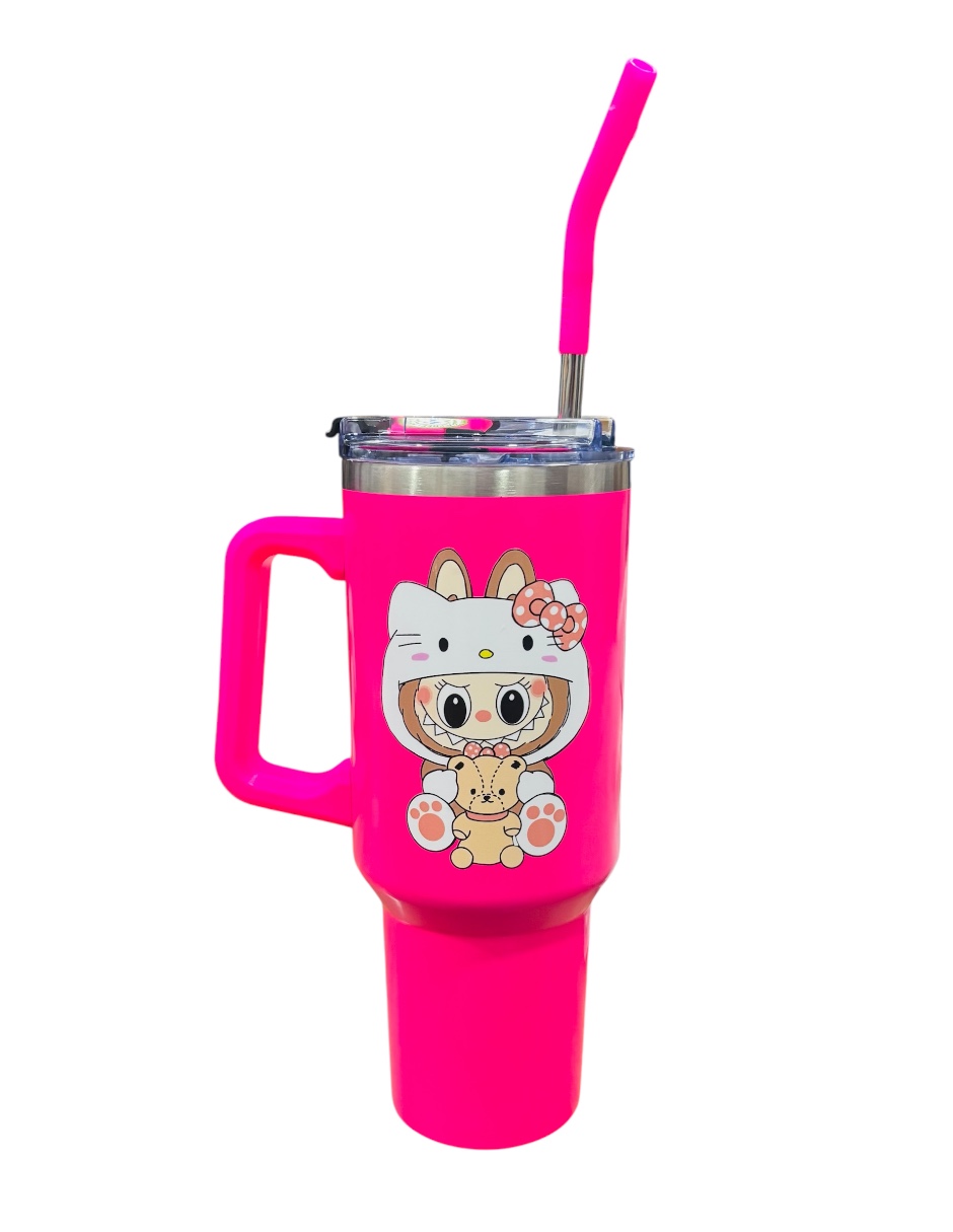Termo de acero inoxidable Marca Macarena Brand color fucsia Labubu de 40 Oz