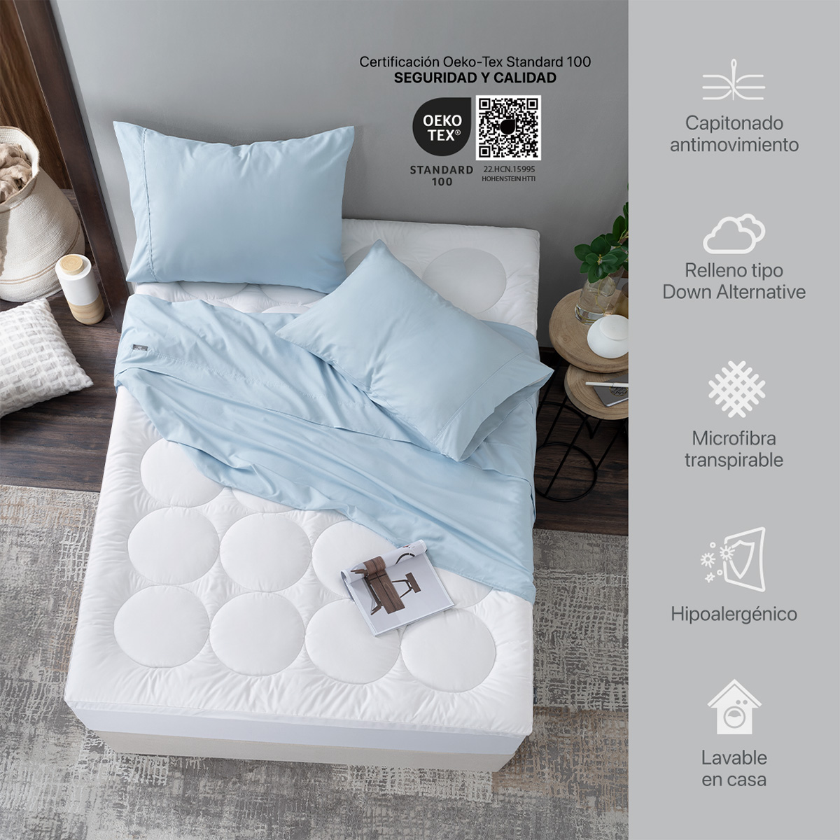 Cubre Colchón Acolchado Hipoalergénico Individual, Protector de Colchones Suave, Funda de Cama para Máxima Comodidad. REAL TEXTIL