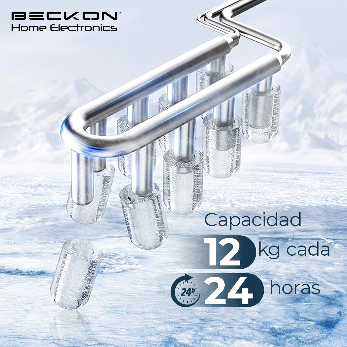 Máquina para hacer hielos Ice machine Beckon automática de 12kg por día hielo de 2 tamaños tipo bala con canasta y pala 127v