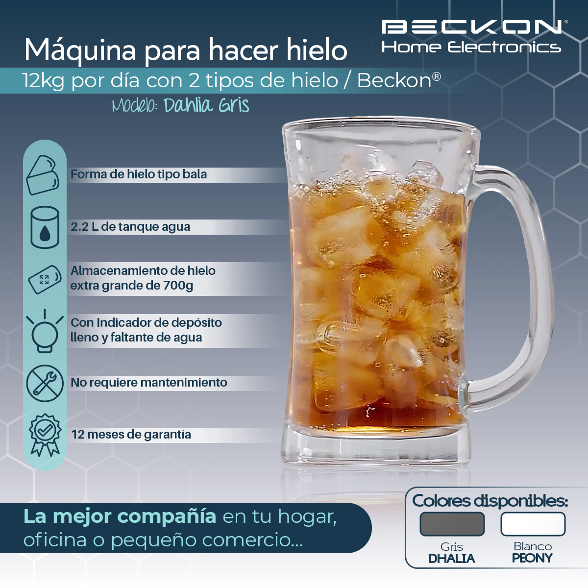 Máquina para hacer hielos Ice machine Beckon automática de 12kg por día hielo de 2 tamaños tipo bala con canasta y pala 127v