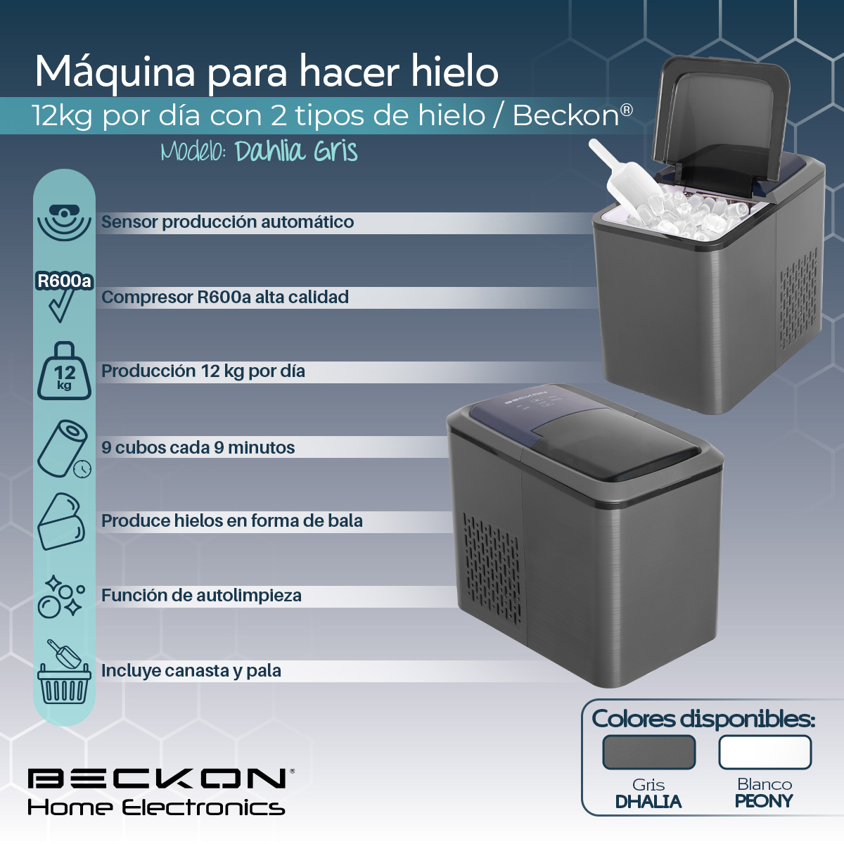Máquina para hacer hielos Ice machine Beckon automática de 12kg por día hielo de 2 tamaños tipo bala con canasta y pala 127v