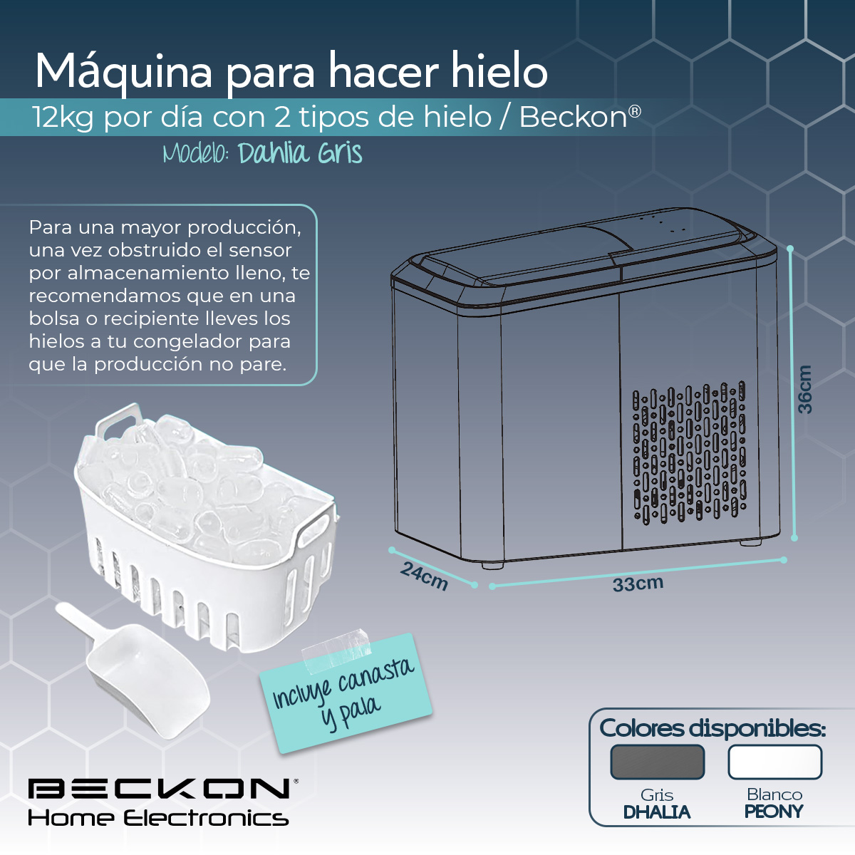 Máquina para hacer hielos Ice machine Beckon automática de 12kg por día hielo de 2 tamaños tipo bala con canasta y pala 127v