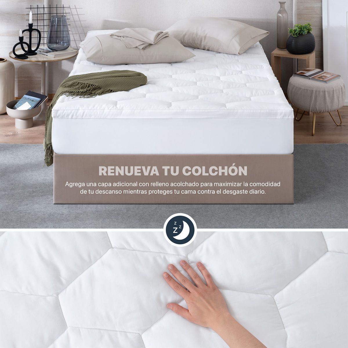 Cubre Colchón Individual de 100% Algodón con Relleno Acolchado  Down Alternative, Protector para Colchones Hipoalergénico y Transpirable ESQUIMAL 