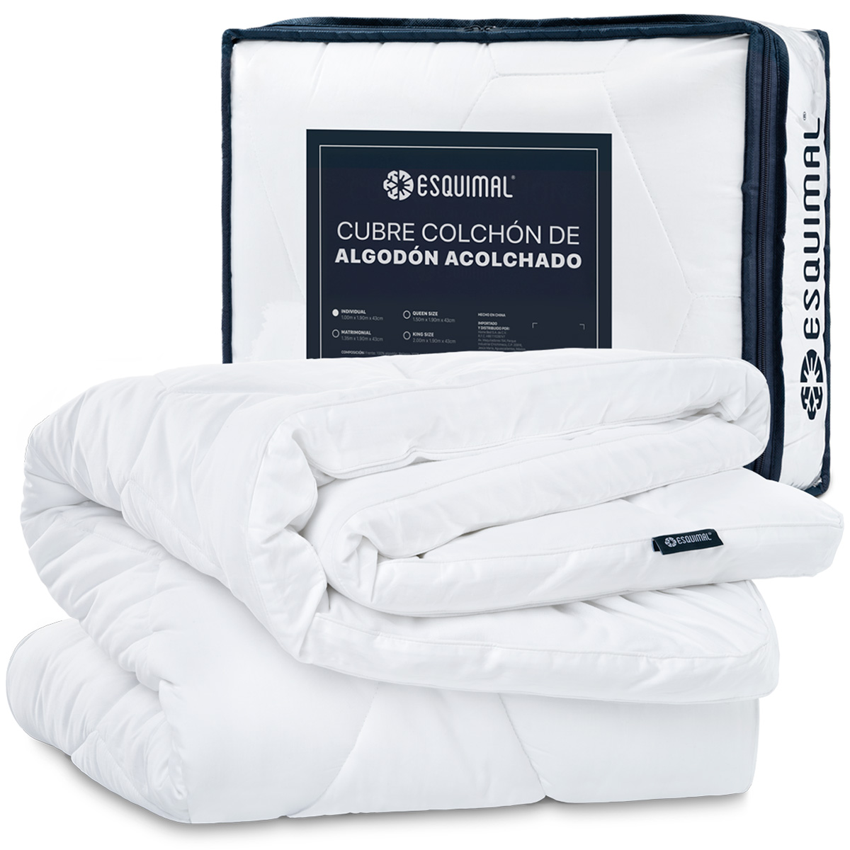Cubre Colchón Individual de 100% Algodón con Relleno Acolchado  Down Alternative, Protector para Colchones Hipoalergénico y Transpirable ESQUIMAL 