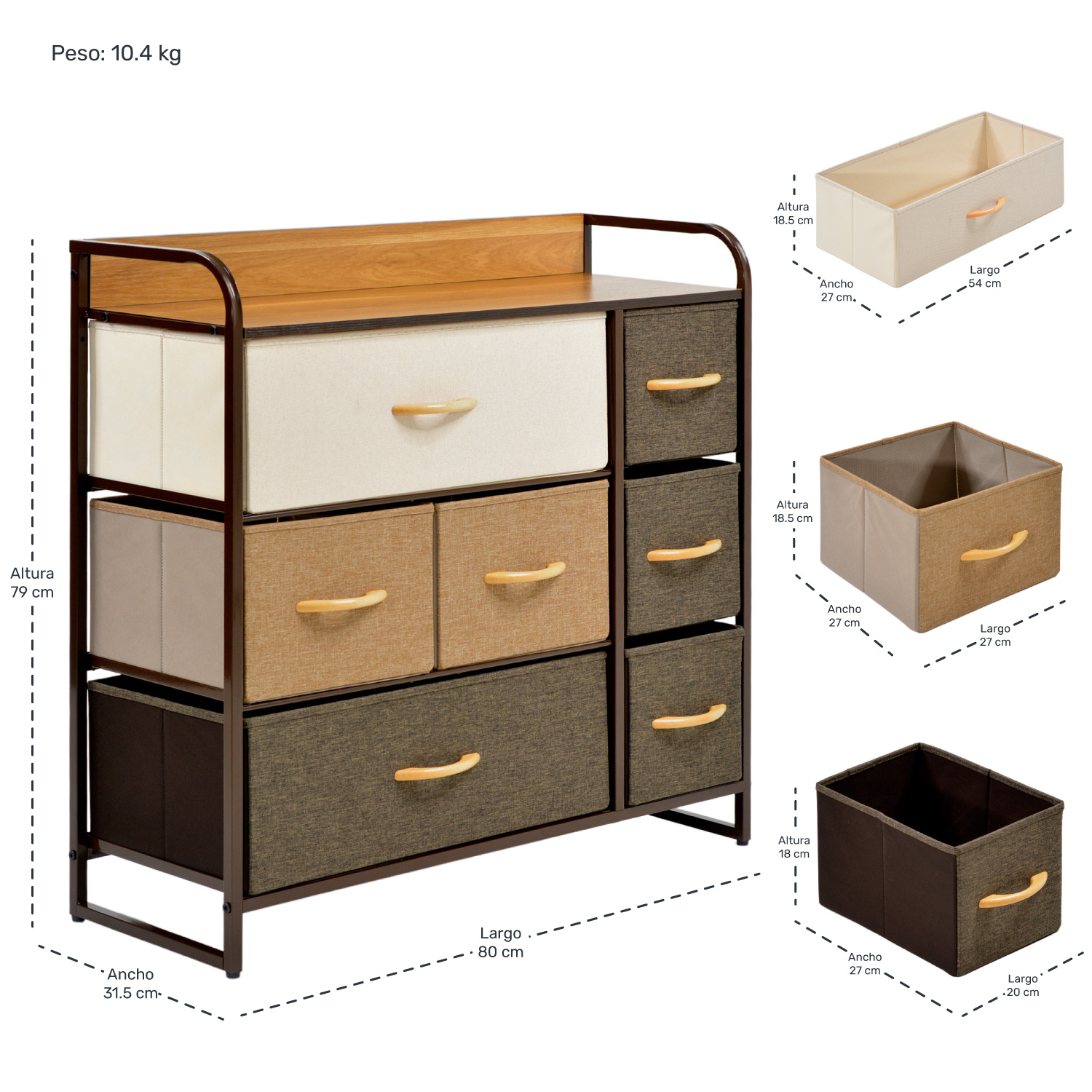 Mueble Buro Organizador Comoda Cafe Metal 7 Cajoneras Tela