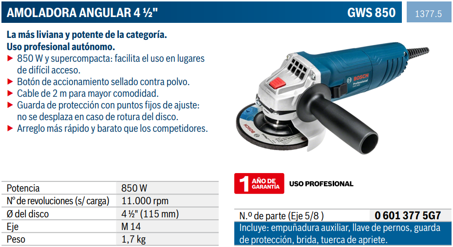 Amoladora Angular 4 ½ 850W 11,000 rpm GWS 850 1377.5 Bosch