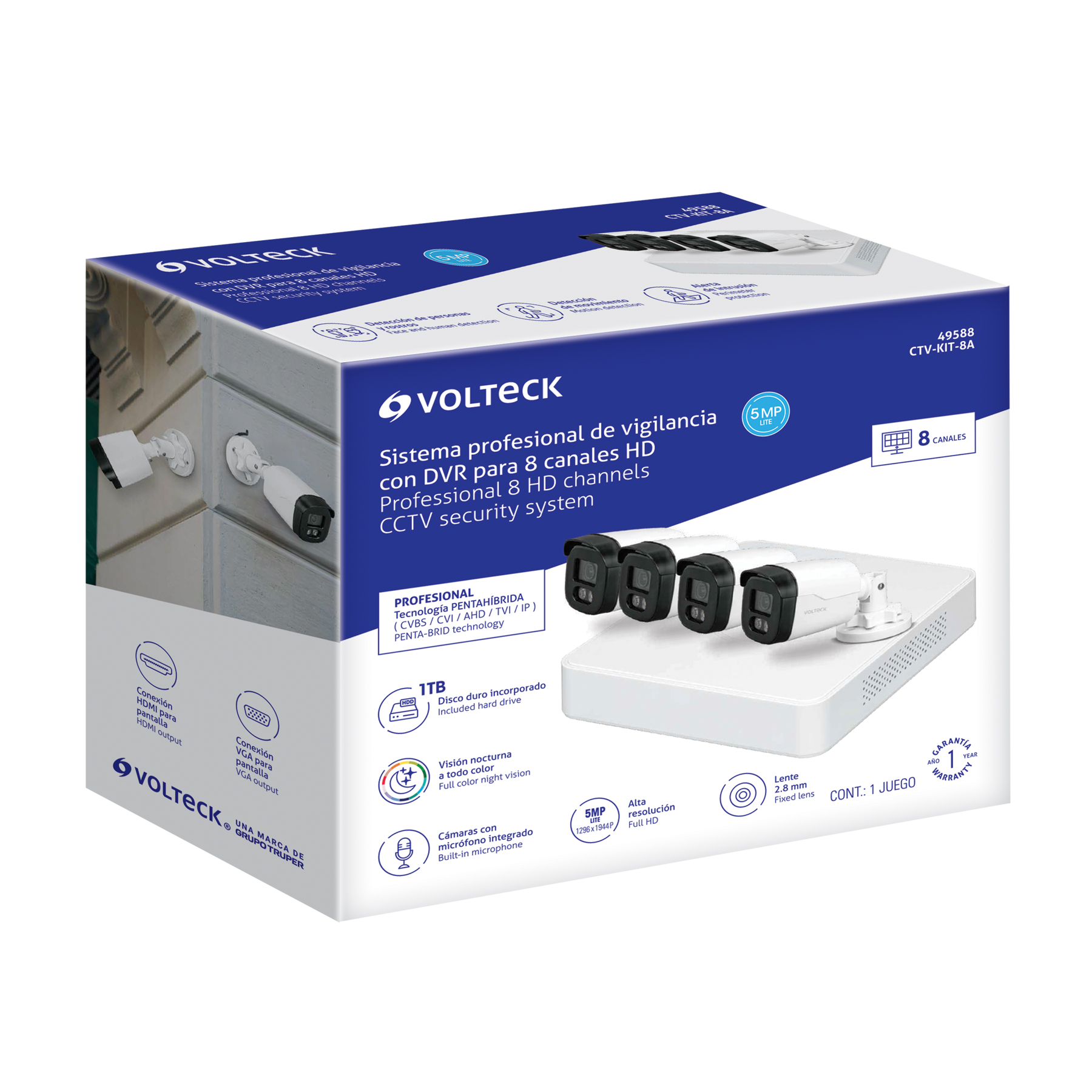Kit video vigilancia, 8 canales, 4 cámaras  digitales y analógicas, 5MP, Disco 1TB 