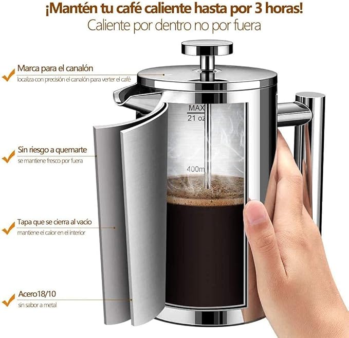 Cafetera y Tetera de Embolo Prensa Francesa De Acero Inoxidable De Doble Pared 1500ml  