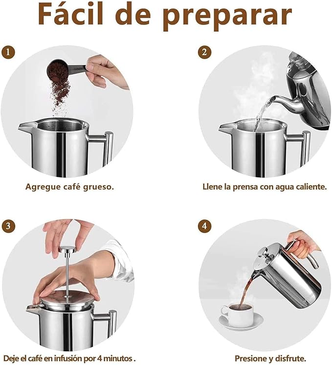 Cafetera y Tetera de Embolo Prensa Francesa De Acero Inoxidable De Doble Pared 1500ml  