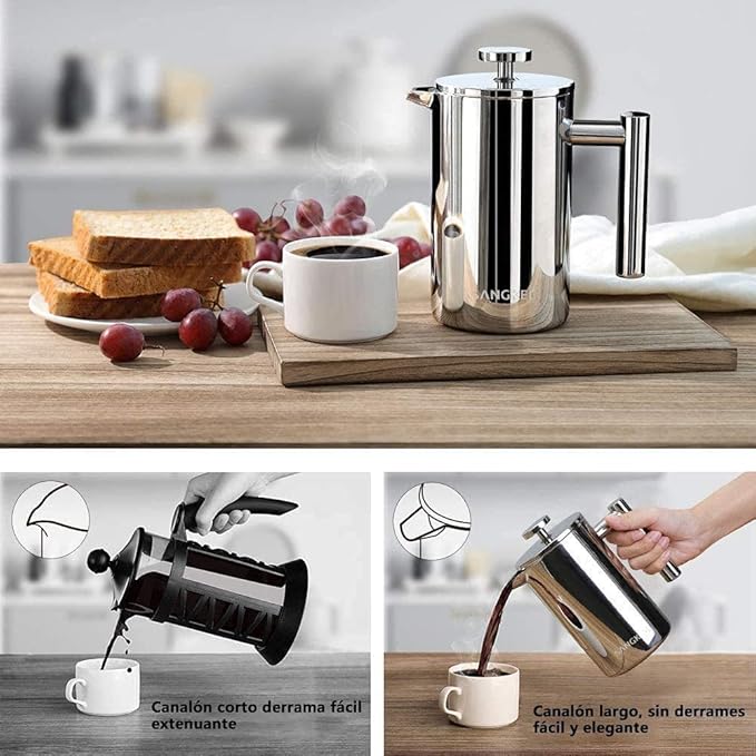 Cafetera y Tetera de Embolo Prensa Francesa De Acero Inoxidable De Doble Pared 1500ml  