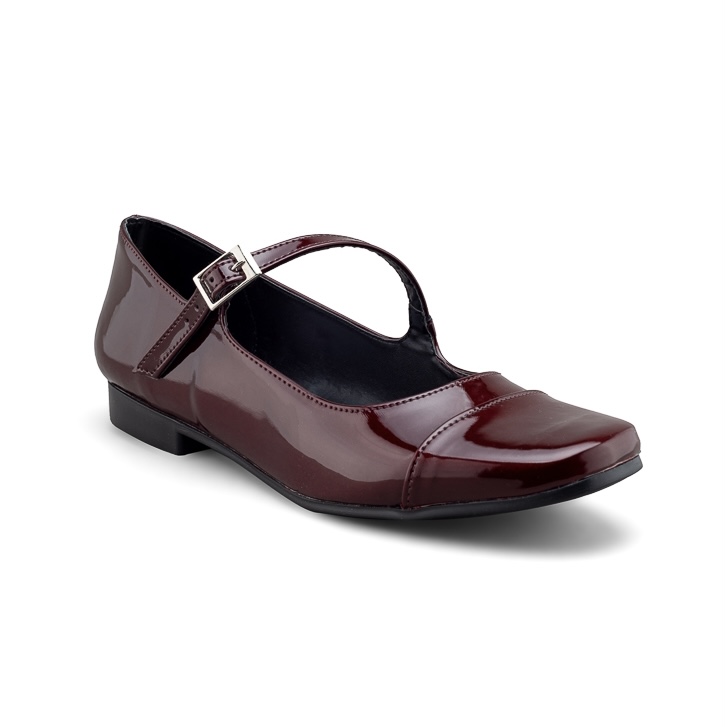 Flat de Charol Mary Jane para Mujer en Color Vino con Tira Cruzada