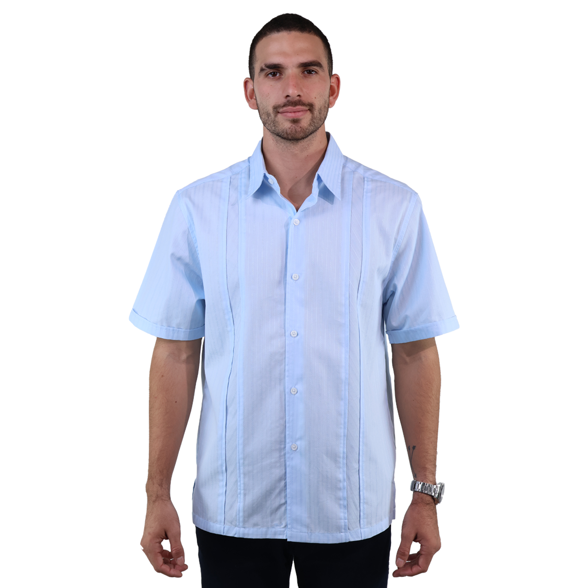 Camisa Tipo Guayabera Manga Corta Color Azul Cielo Con Textura Corte Clásico Para Hombre
