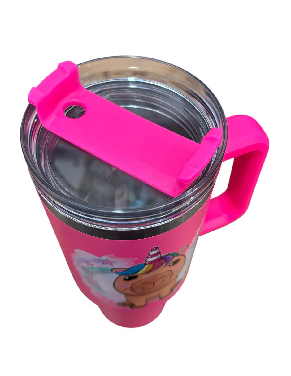 Termo de acero inoxidable Marca Macarena brand color fucsia Capybara de 40 Oz