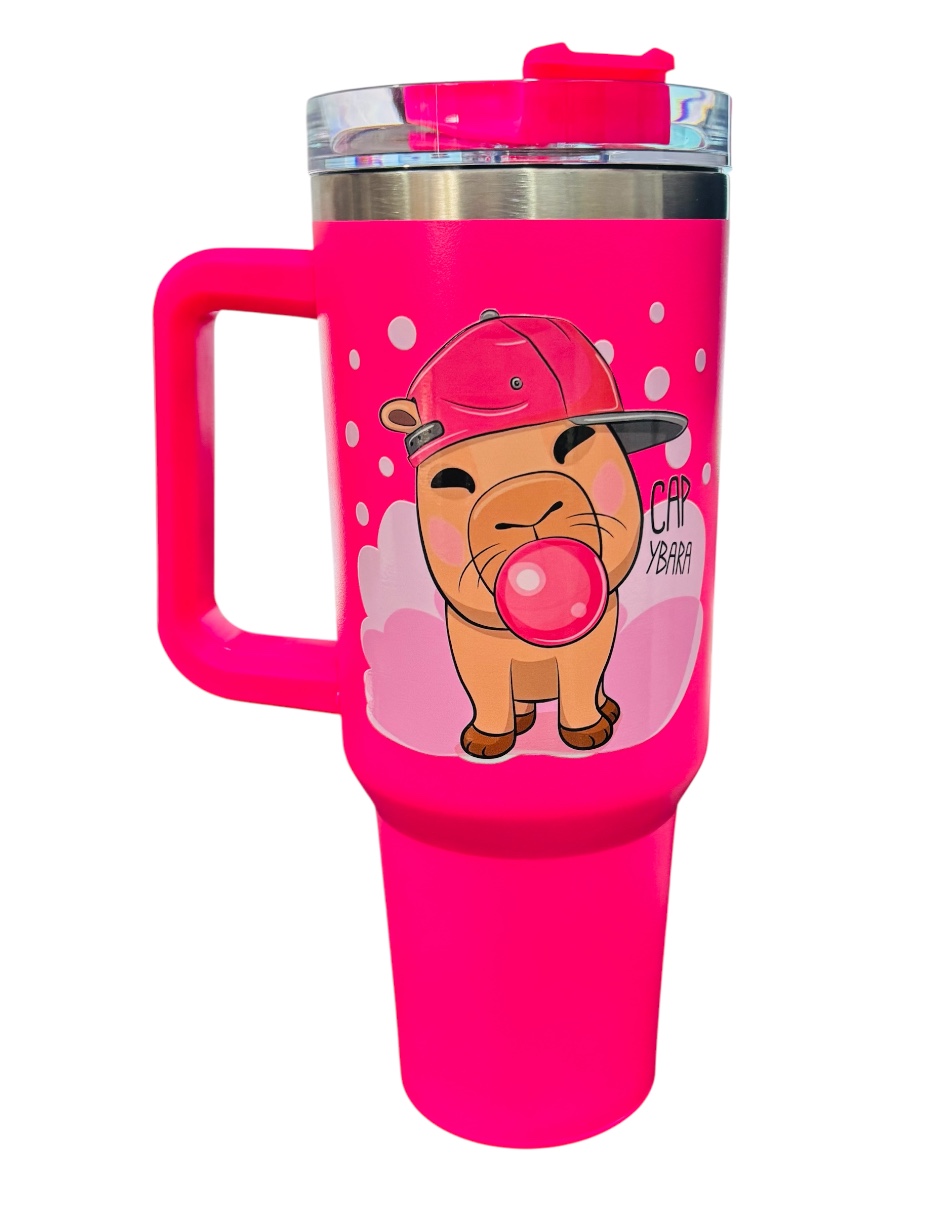 Termo de acero inoxidable Marca Macarena brand color fucsia Capybara de 40 Oz